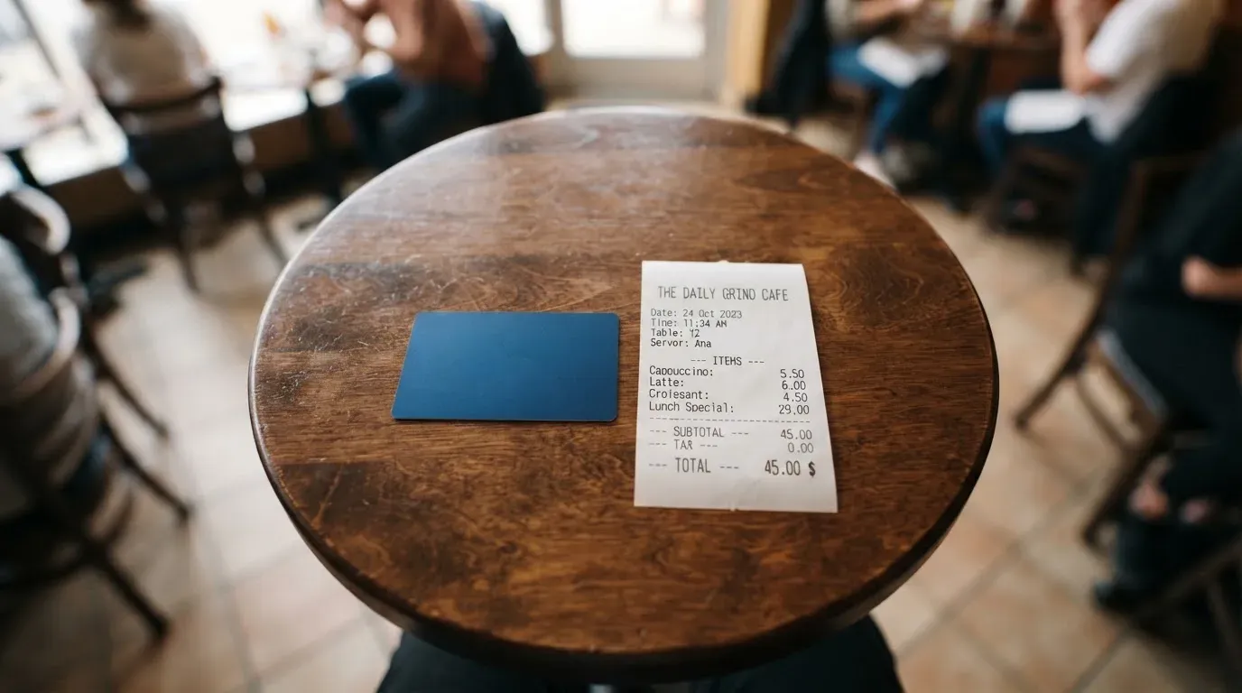A receipt and a card on a café table