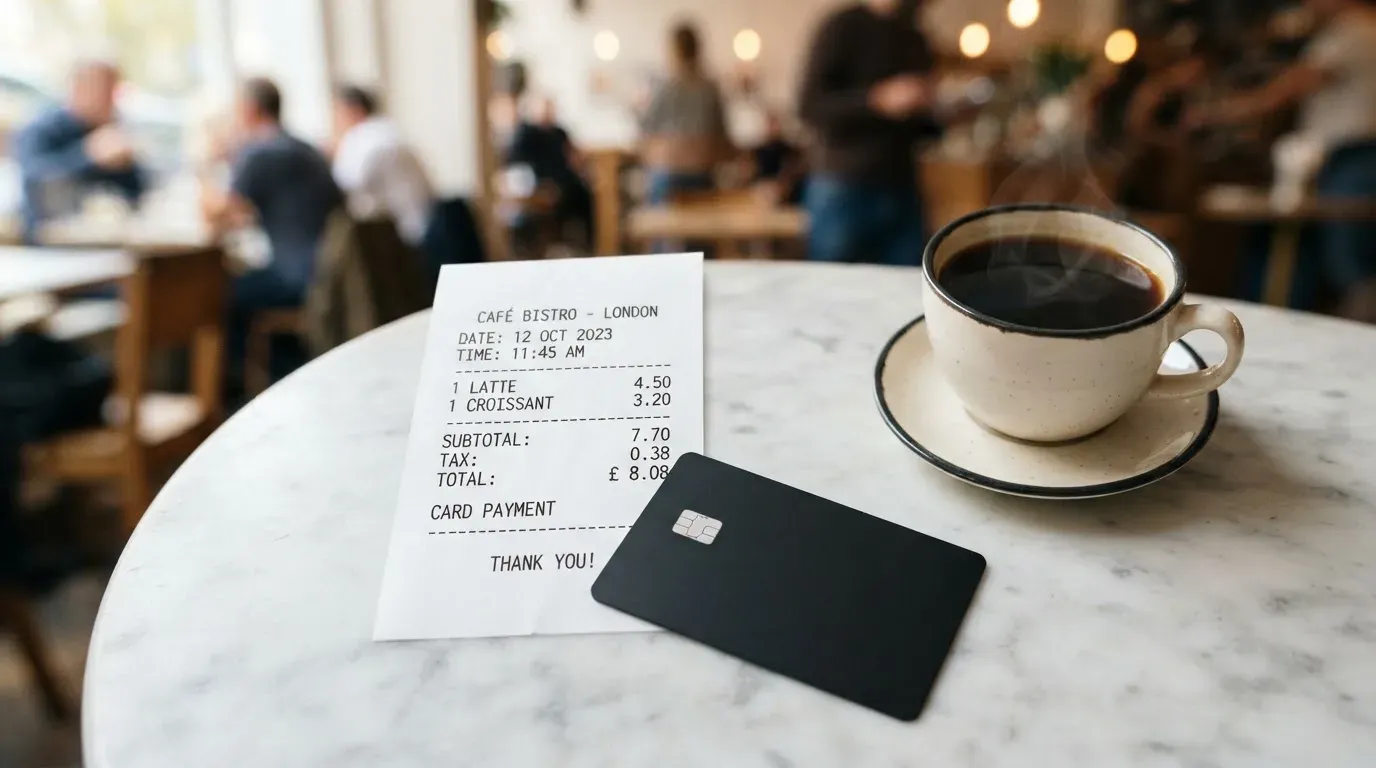 A receipt and a card on a café table