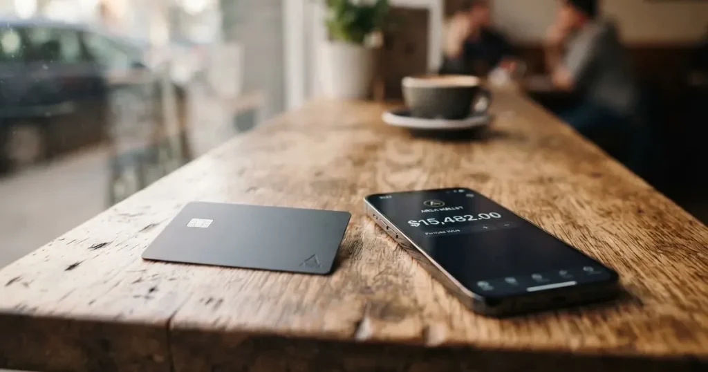 A payment card next to a phone with a crypto wallet app open