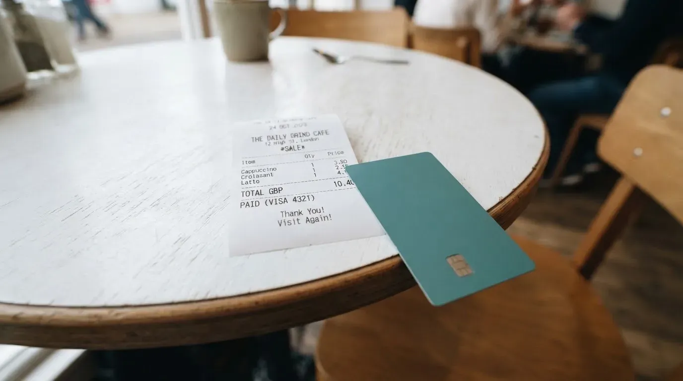 A receipt and a card on a café table
