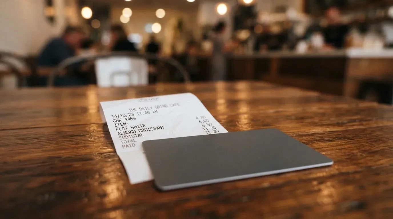 A receipt and a card on a café table