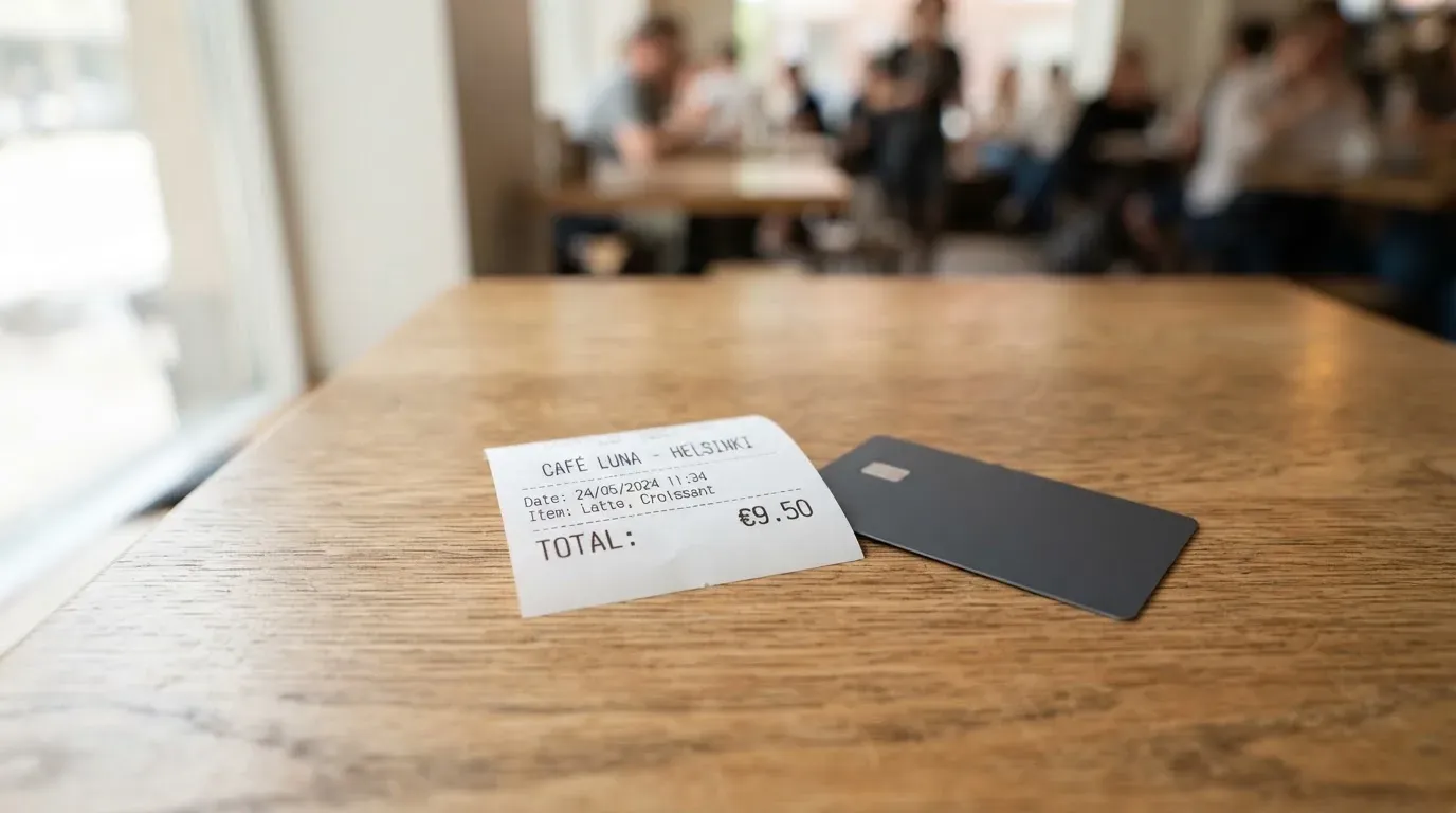 A receipt and a card on a café table