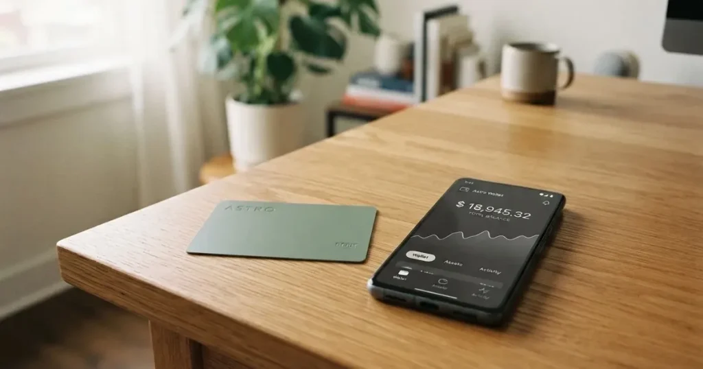 A payment card next to a phone with a crypto wallet app open