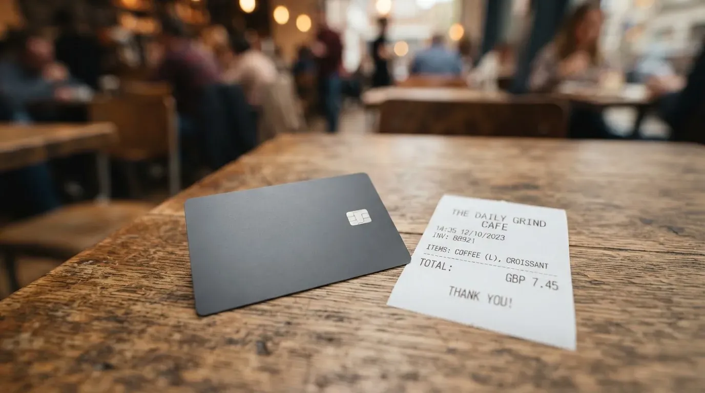 A receipt and a card on a café table