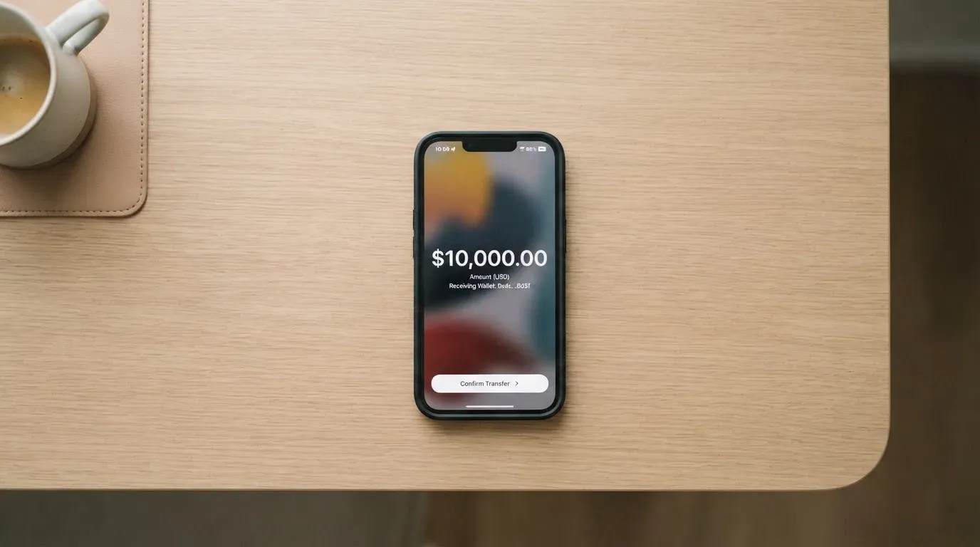 A phone showing a stablecoin transfer screen