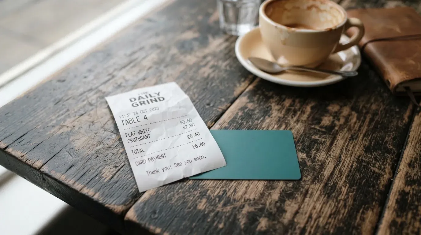 A receipt and a card on a café table