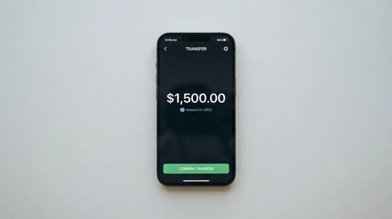 A phone showing a stablecoin transfer screen