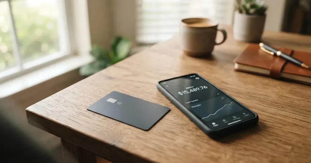 A payment card next to a phone with a crypto wallet app open