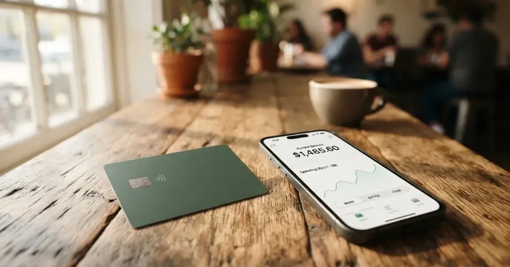 A payment card next to a phone with a crypto wallet app open