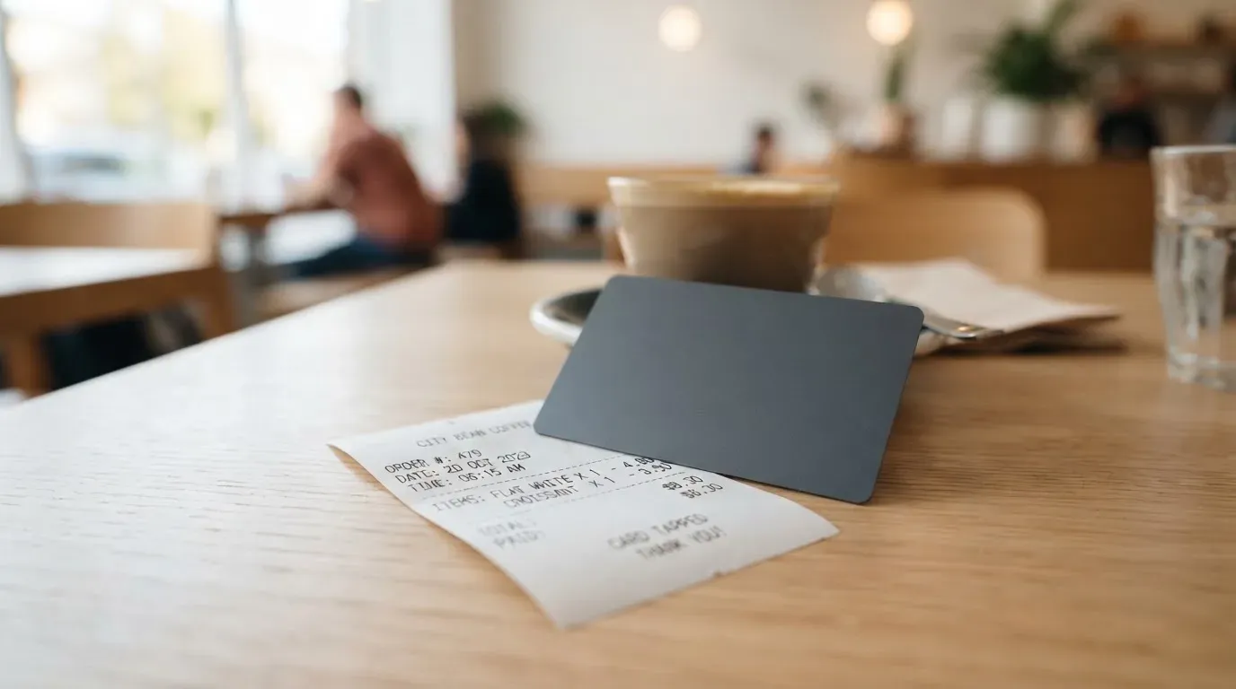 A receipt and a card on a café table