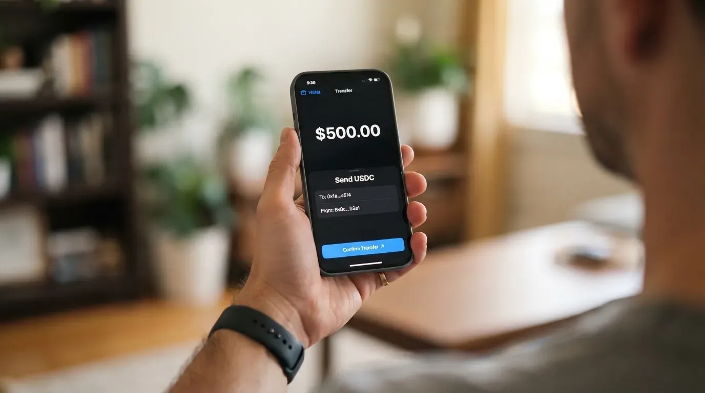 A phone showing a stablecoin transfer screen