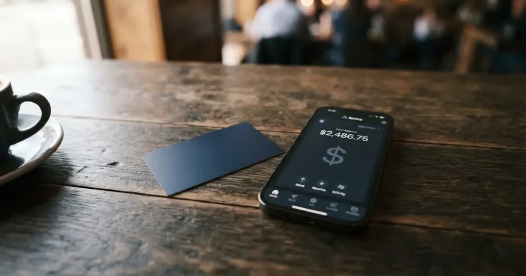 A payment card next to a phone with a crypto wallet app open