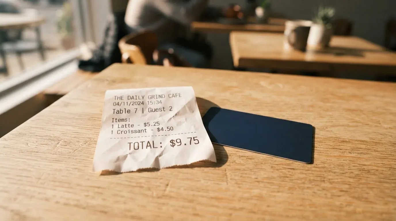 A receipt and a card on a café table