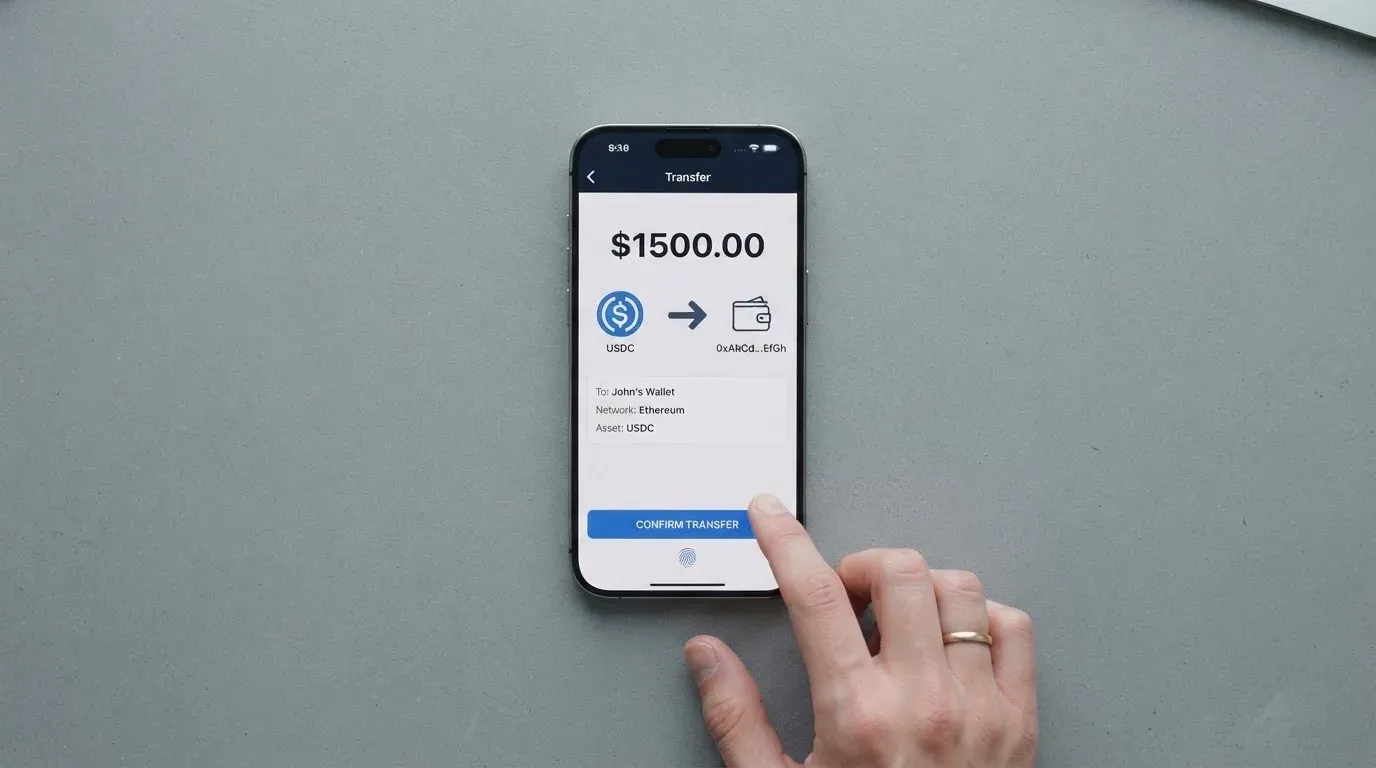 A phone showing a stablecoin transfer screen