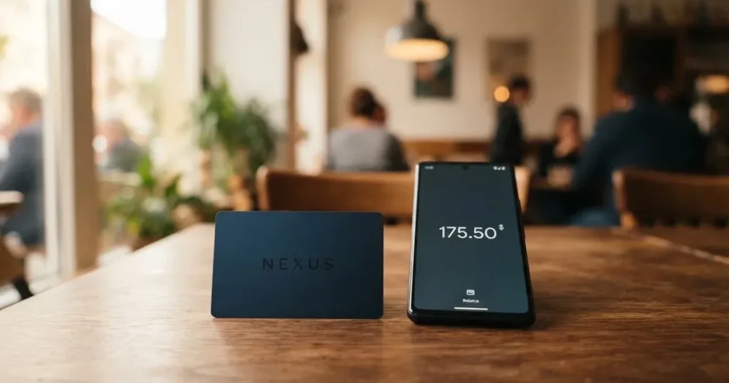 A payment card next to a phone with a crypto wallet app open