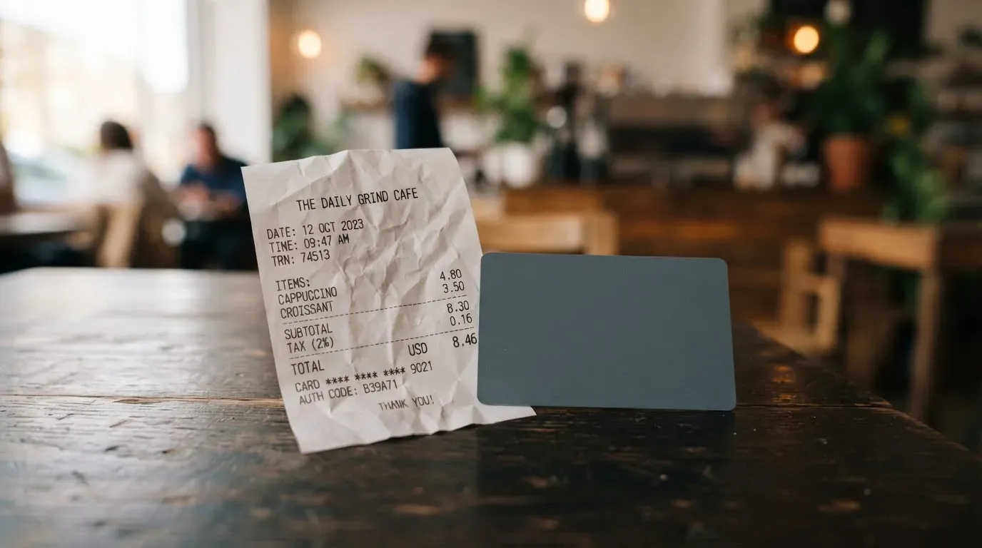 A receipt and a card on a café table