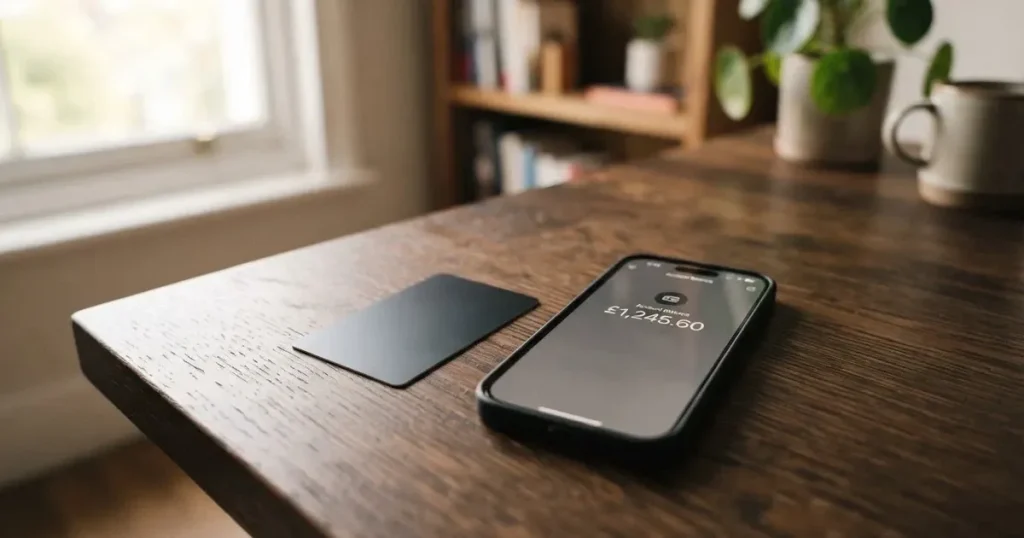 A payment card next to a phone with a crypto wallet app open