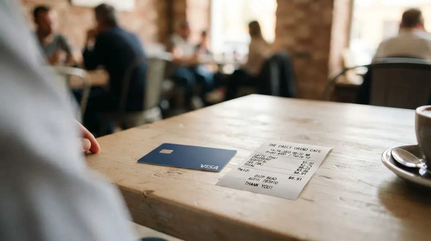 A receipt and a card on a café table