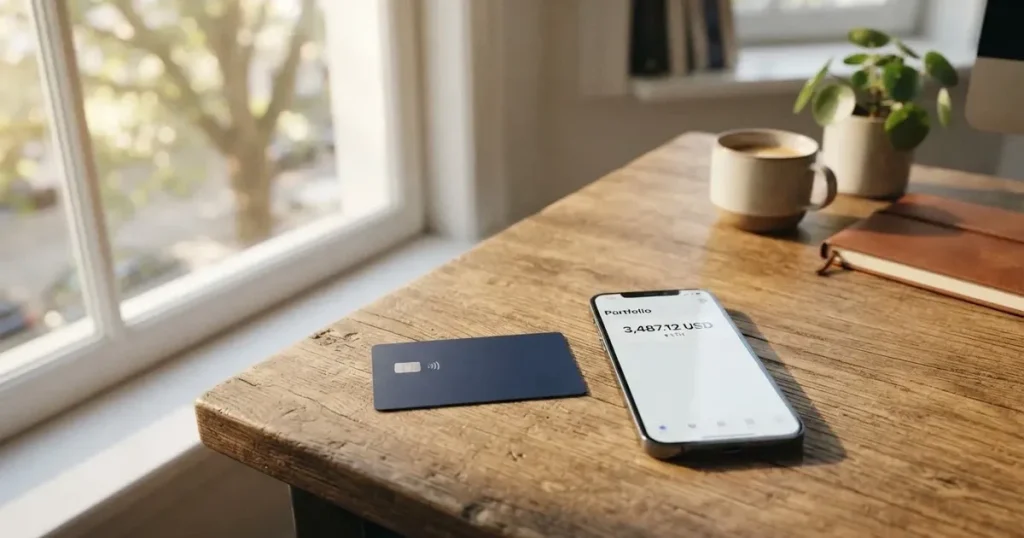 A payment card next to a phone with a crypto wallet app open