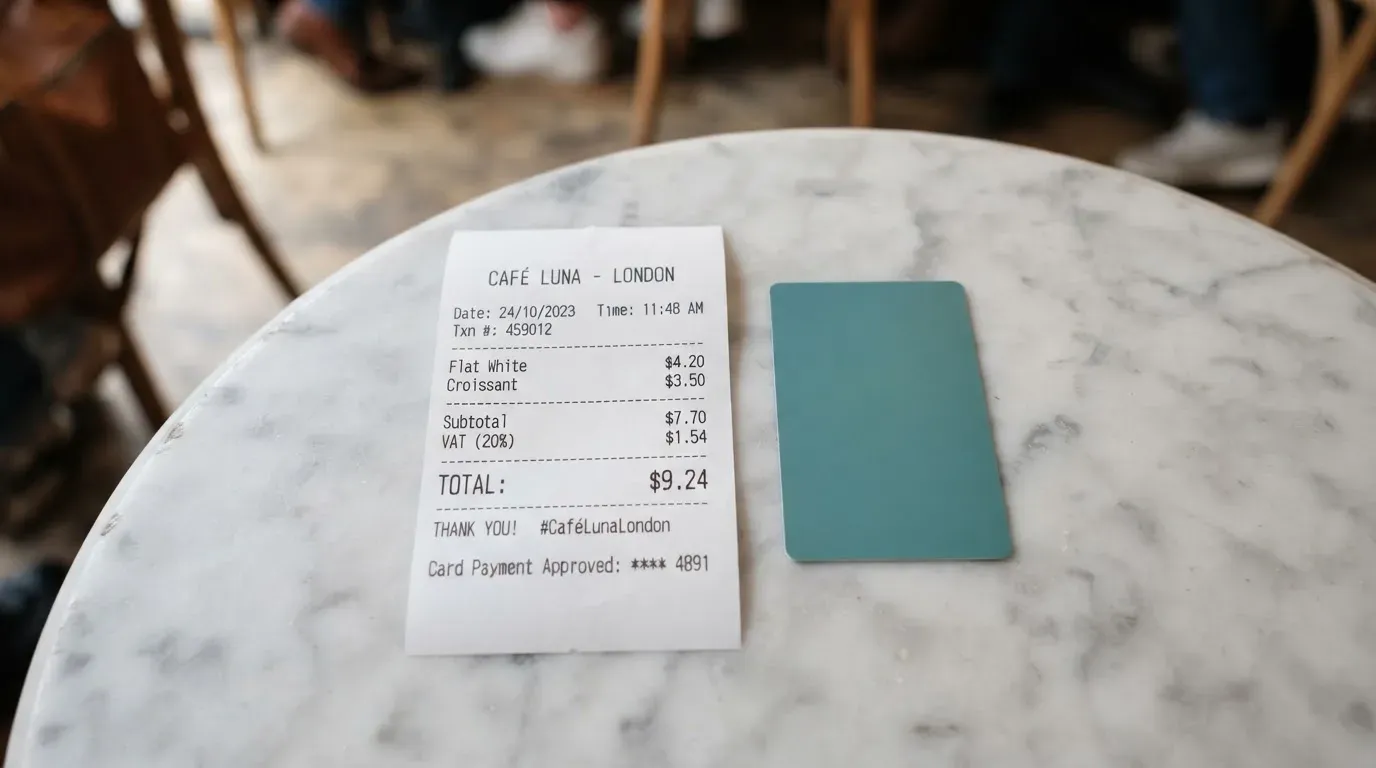 A receipt and a card on a café table