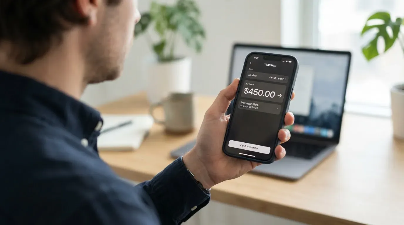 A phone showing a stablecoin transfer screen