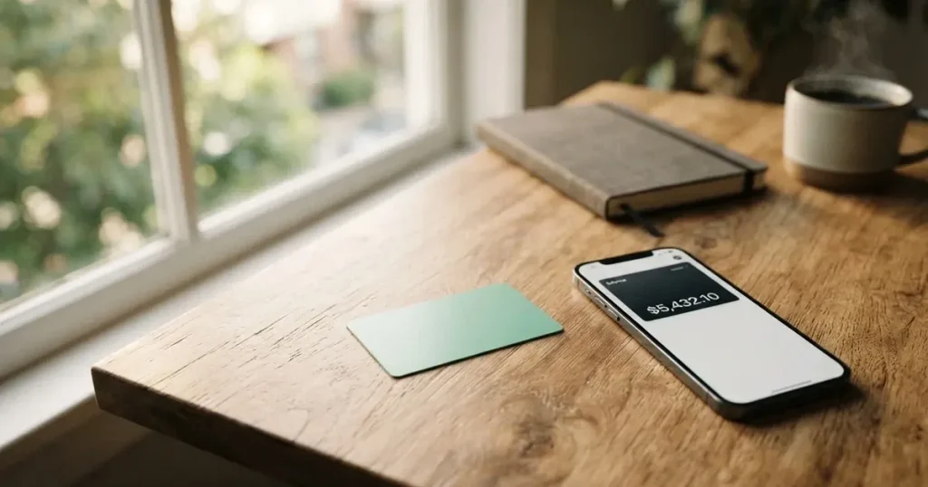A payment card next to a phone with a crypto wallet app open