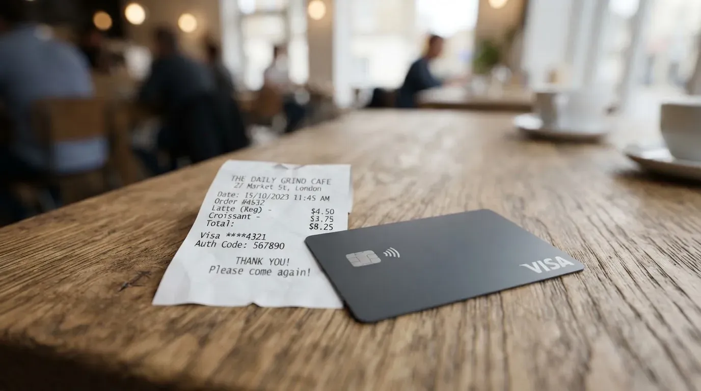A receipt and a card on a café table