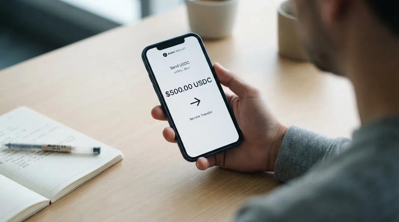 A phone showing a stablecoin transfer screen