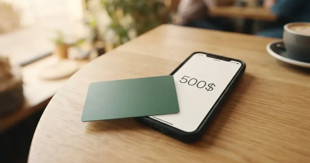 A payment card next to a phone with a crypto wallet app open