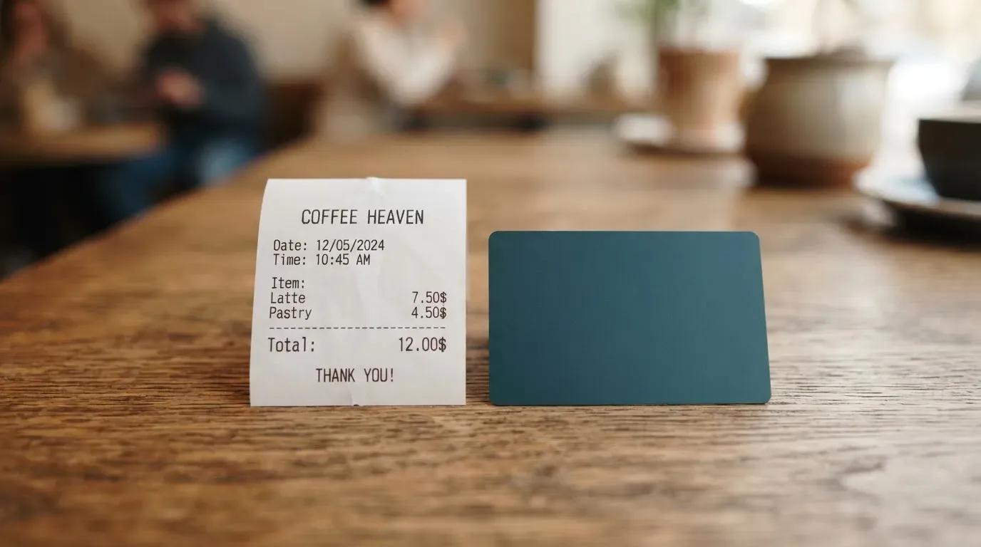 A receipt and a card on a café table