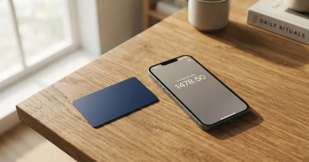 A payment card next to a phone with a crypto wallet app open