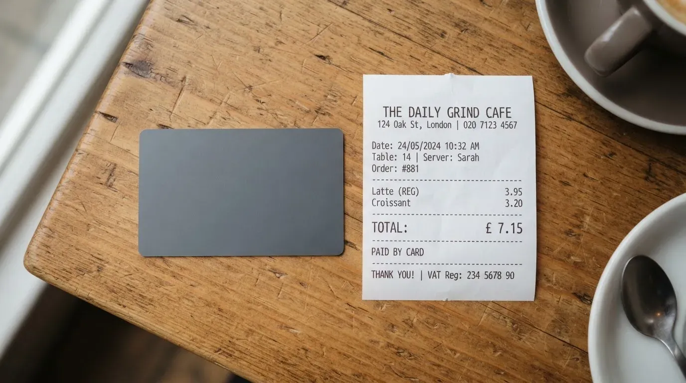 A receipt and a card on a café table
