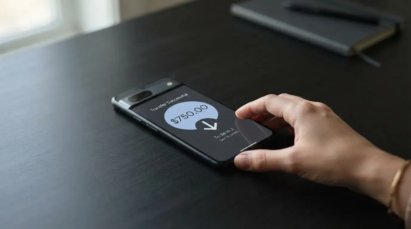 A phone showing a stablecoin transfer screen