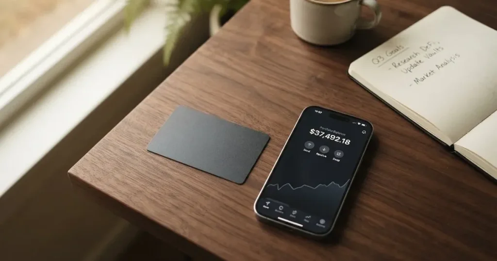 A payment card next to a phone with a crypto wallet app open