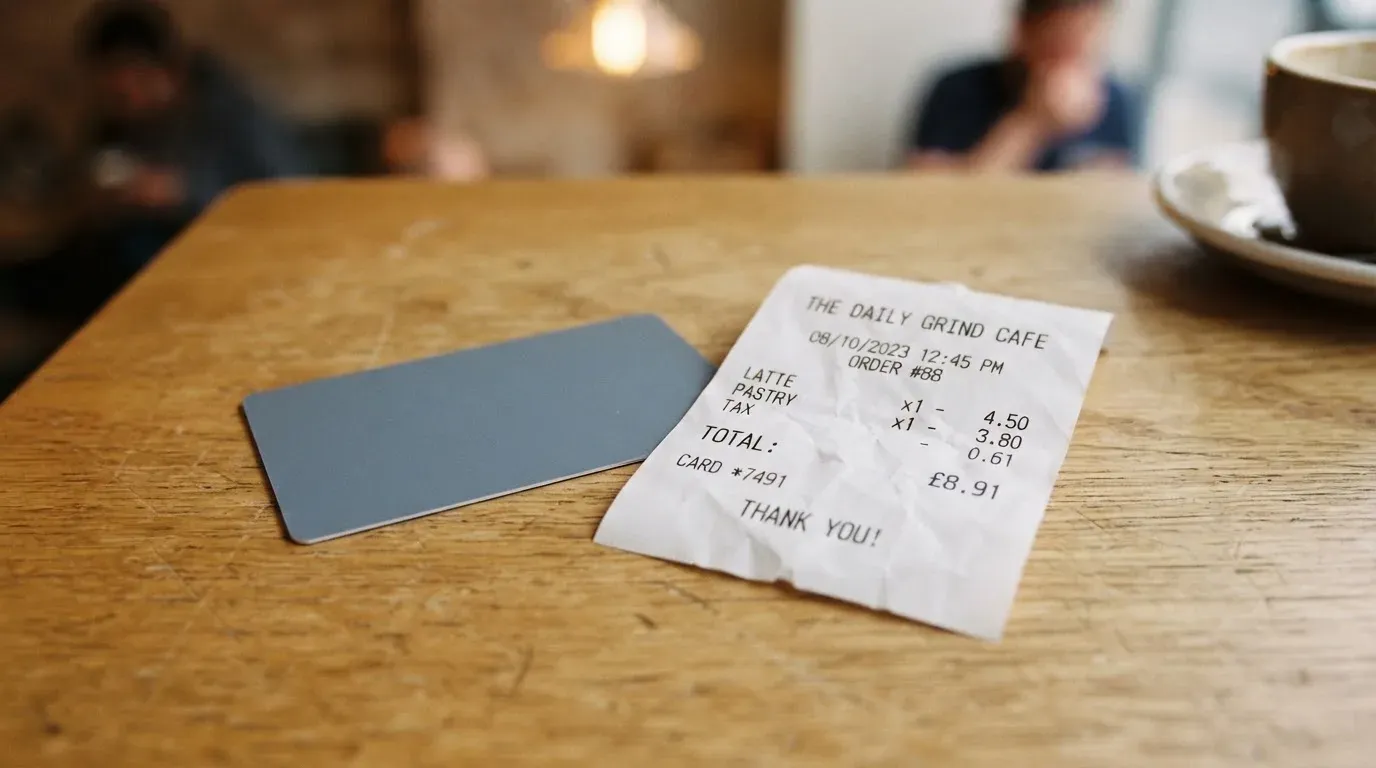 A receipt and a card on a café table