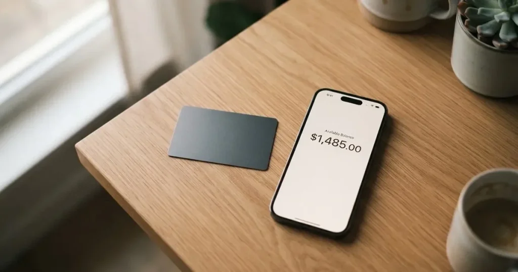 A payment card next to a phone with a crypto wallet app open