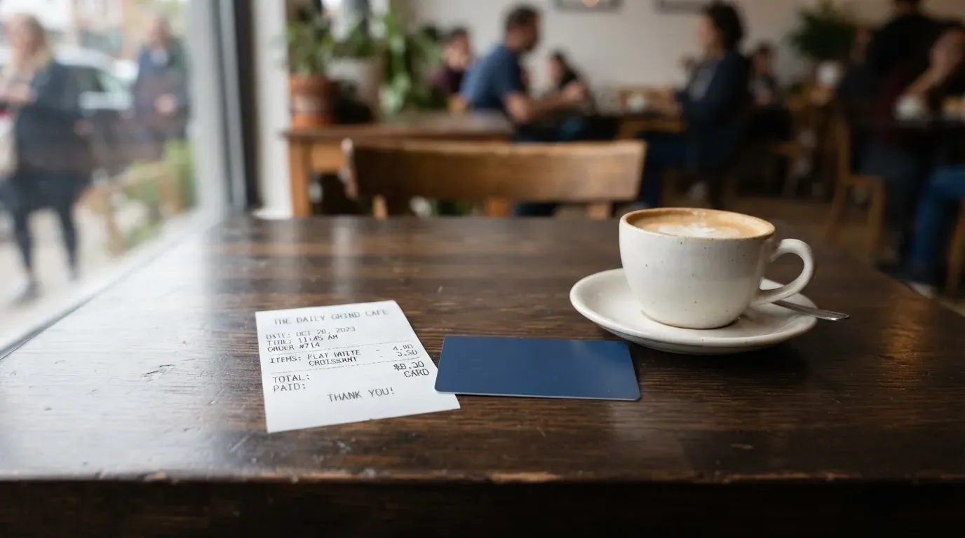 A receipt and a card on a café table