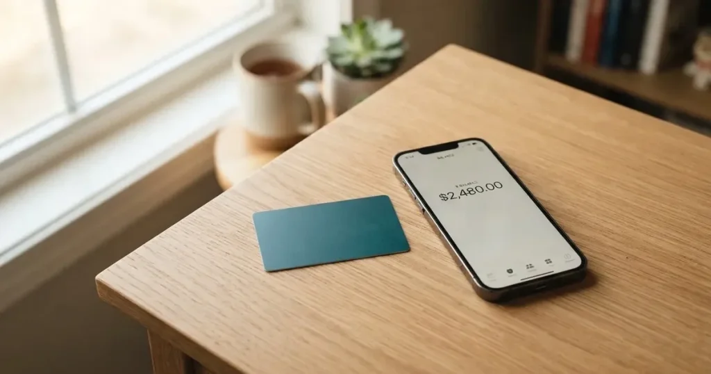 A payment card next to a phone with a crypto wallet app open