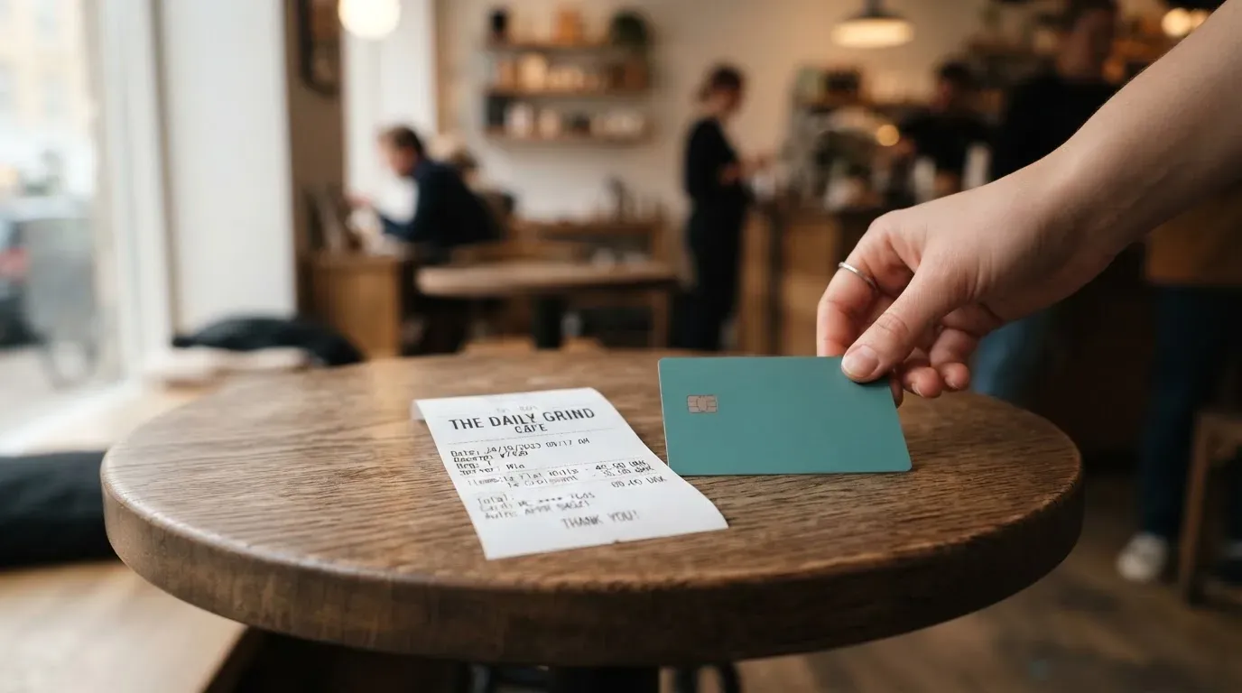 A receipt and a card on a café table
