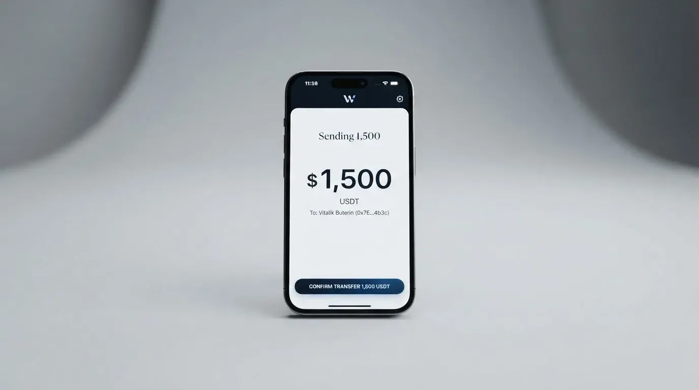 A phone showing a stablecoin transfer screen