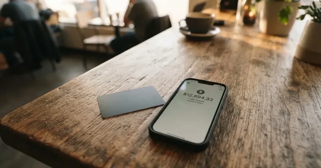 A payment card next to a phone with a crypto wallet app open