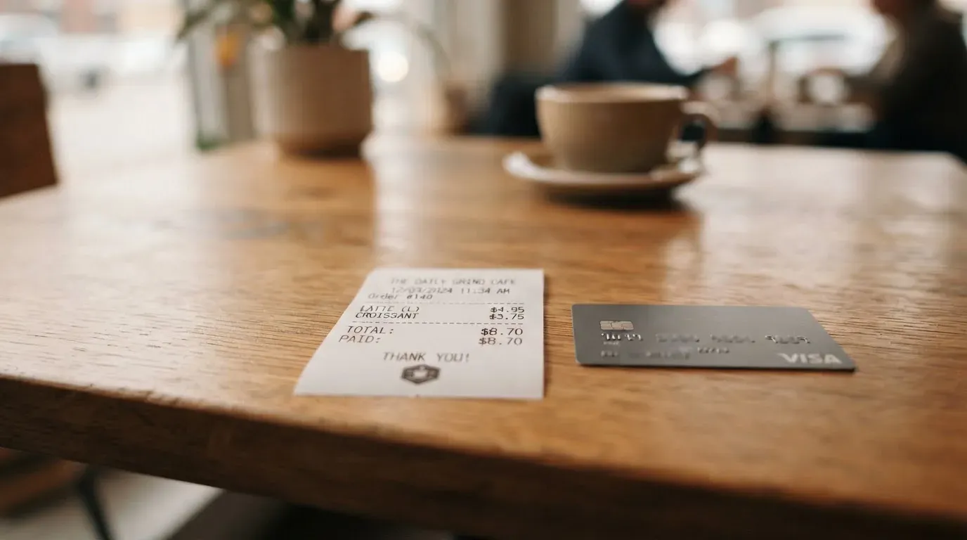A receipt and a card on a café table