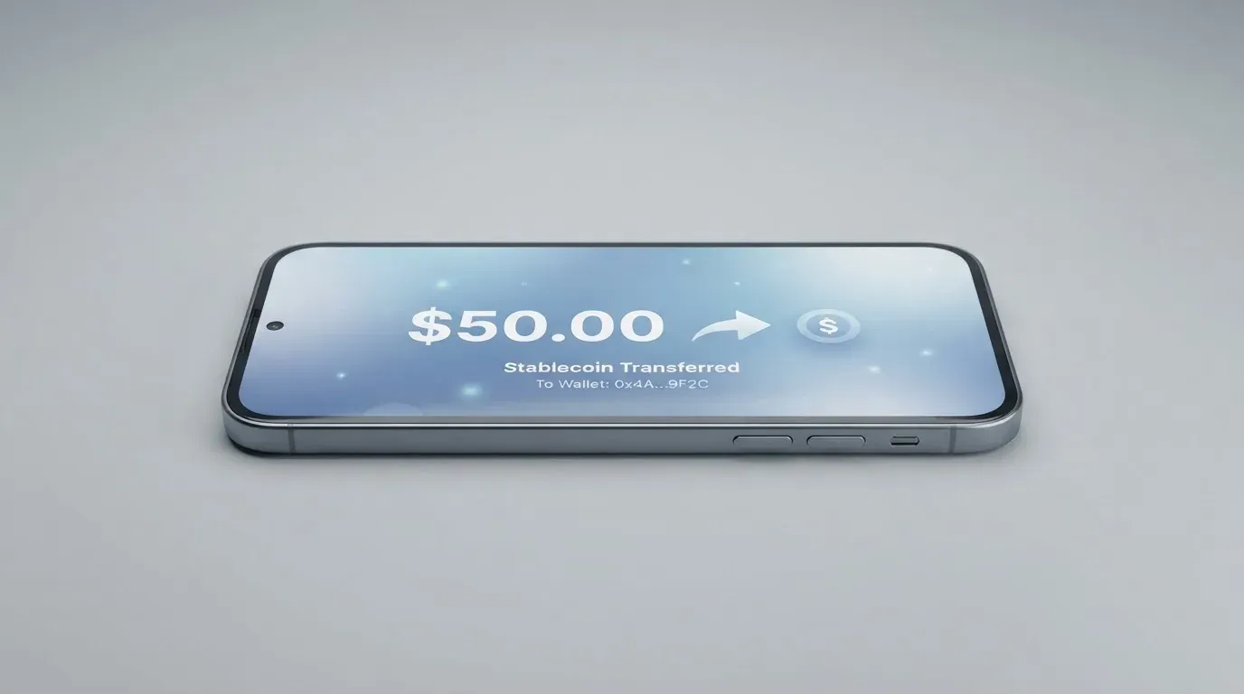 A phone showing a stablecoin transfer screen