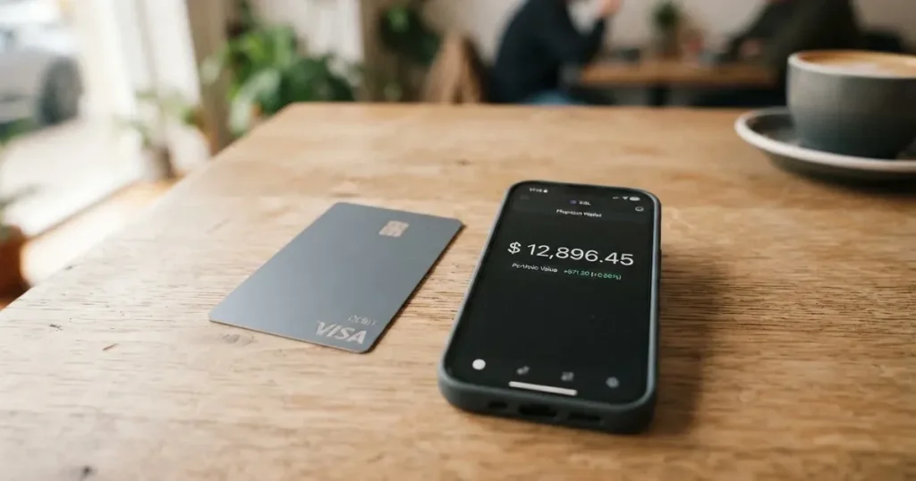 A payment card next to a phone with a crypto wallet app open