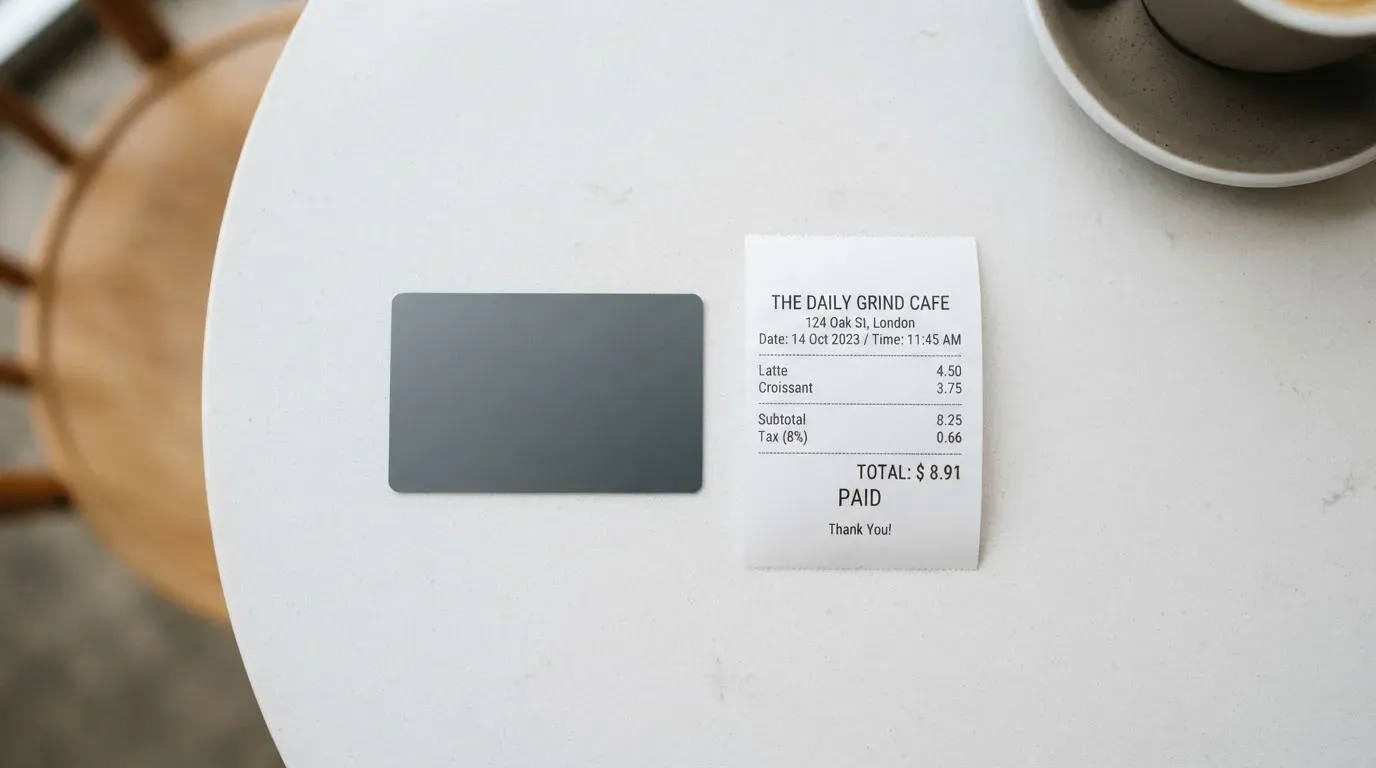 A receipt and a card on a café table