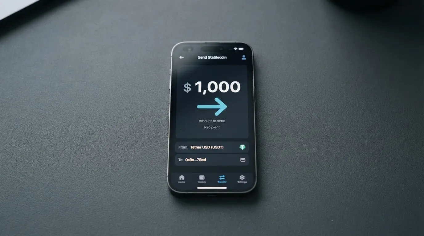 A phone showing a stablecoin transfer screen
