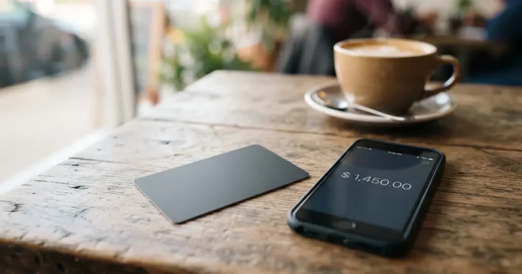 A payment card next to a phone with a crypto wallet app open