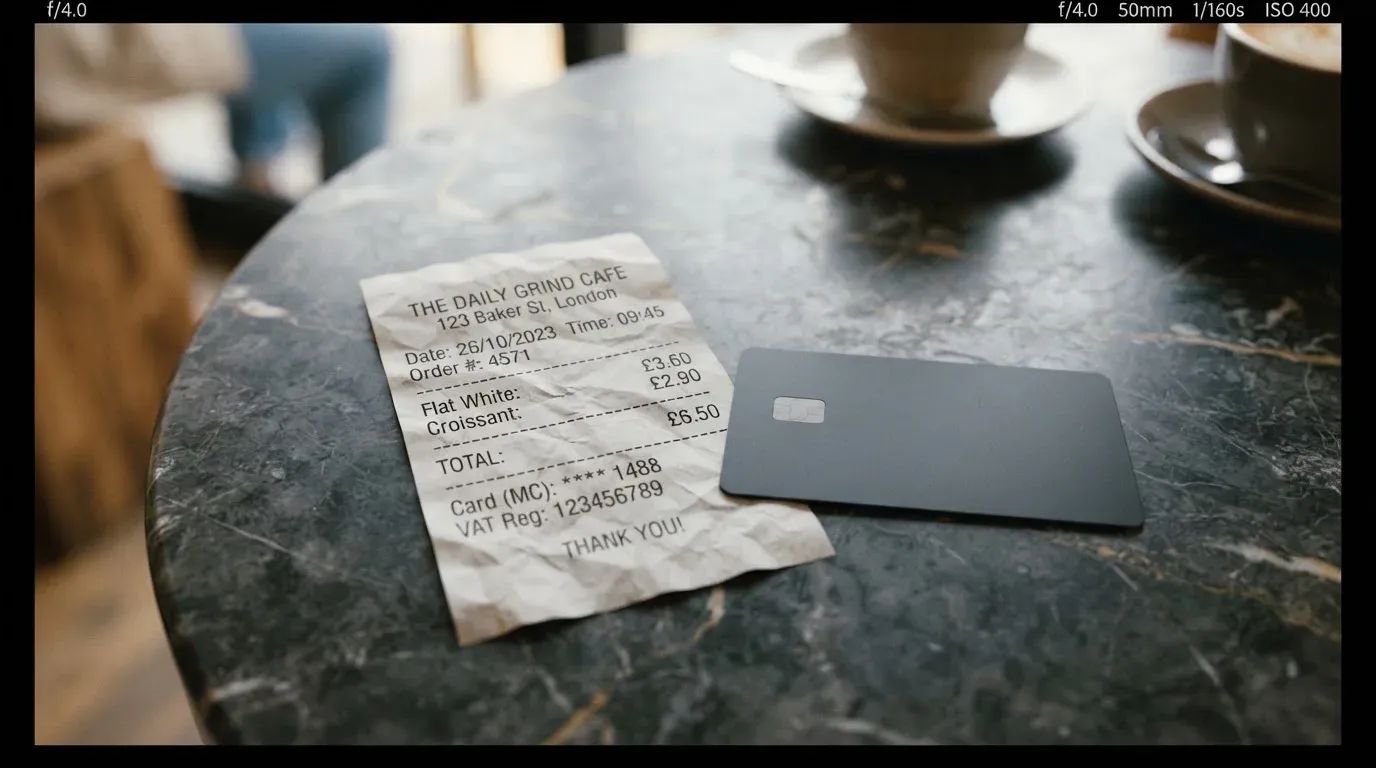 A receipt and a card on a café table