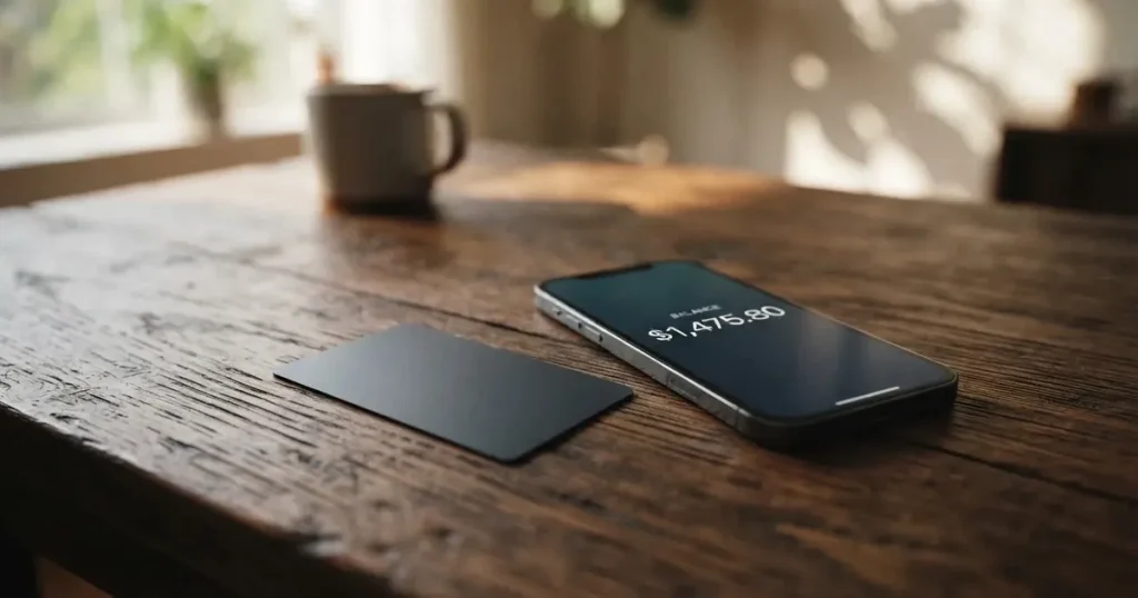 A payment card next to a phone with a crypto wallet app open