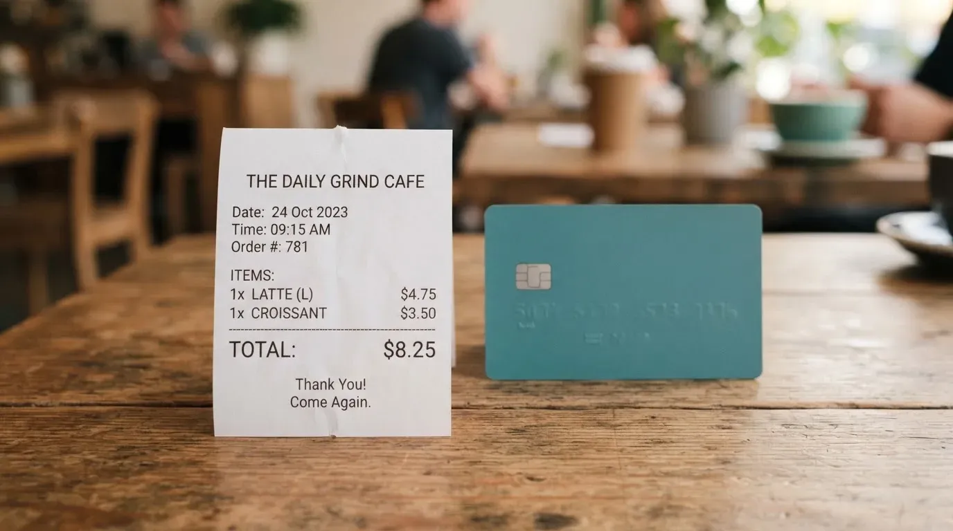 A receipt and a card on a café table
